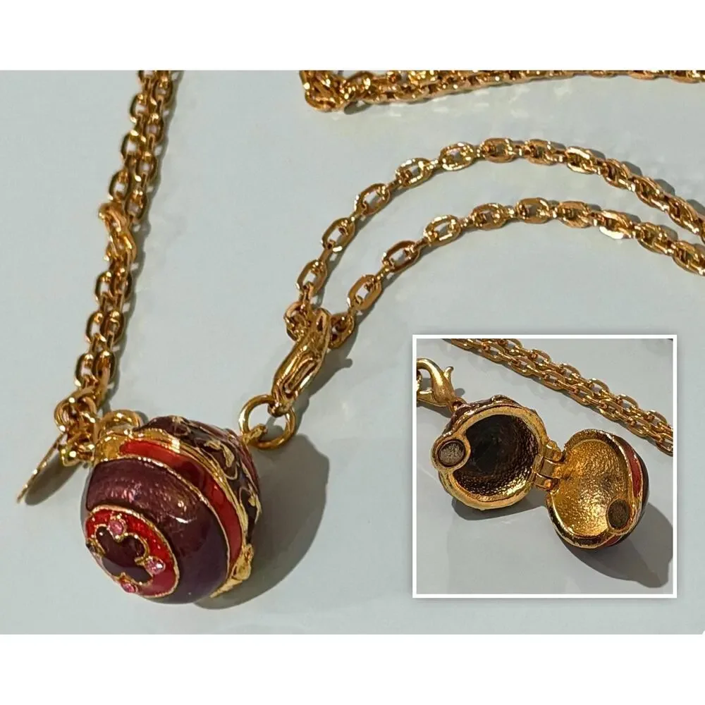 Vintage Joan Rivers Faberge Style Egg Locket Necklace • Red Enamel • Gold Plate
